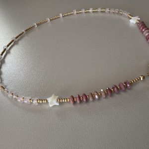 Atelier CVL collier quartz, rhodonites facettées et étoiles de nacre