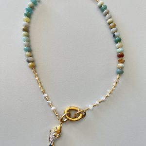 Collier poisson, perles en amazonite et nacre et perles d'eau douce - pièce unique - fait main Atelier CVL