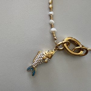 Collier poisson, perles en amazonite et nacre et perles d'eau douce - pièce unique - fait main Atelier CVL