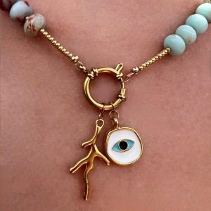 Collier perles heishi en jaspe, breloques œil et corail