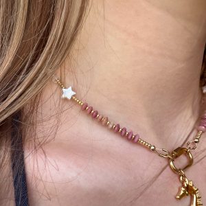 Atelier CVL collier quartz, rhodonites facettées et étoiles de nacre