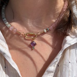 Atelier CVL Collier amethyste, onyx vert, labradorite et quartz rose - pièce unique - fait main