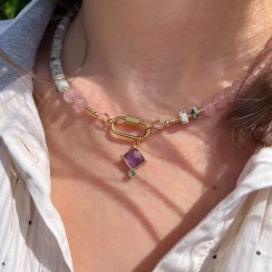 Atelier CVL Collier amethyste, onyx vert, labradorite et quartz rose - pièce unique - fait main