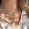 Collier en amazonite, nacre, quartz rose, breloque en onyx vert et rouge Atelier CVL