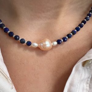 Collier lapis lazuli perles d'eau douce atelier CVL