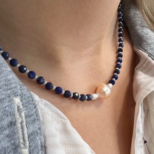 Collier lapis lazuli perles d'eau douce atelier CVL