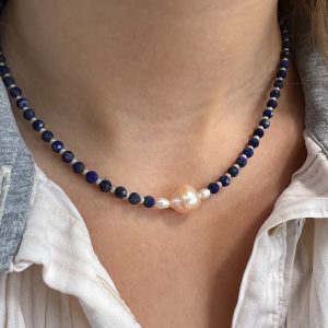 Collier lapis lazuli perles d'eau douce atelier CVL