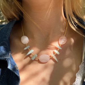 Collier quartz rose et aigue marine ATELIER CVL