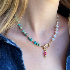 Collier asymétrique regalite et perles d'eau douce - pièce unique Atelier CVL